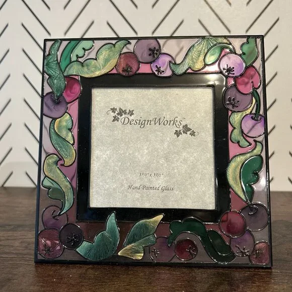 New Stain Glass Grapes Leafs Hand Painted Picture Frame 5.5 Design Works 3.5x3.5 - Picture 1 of 10